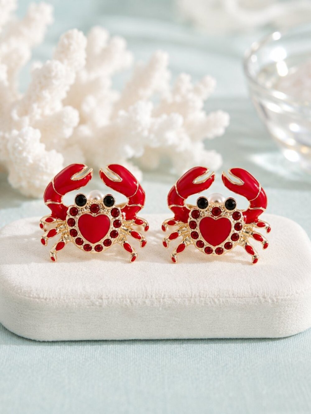 Red Crab Stud Earrings Gold Enamel Rhinestone Nautical Sea Life NWT